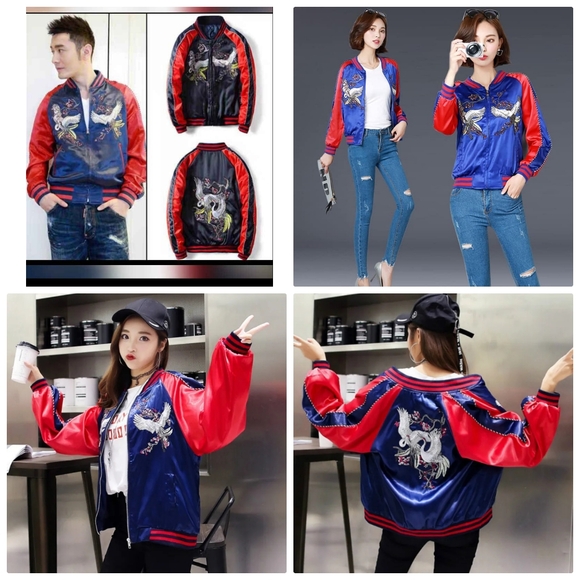 🎀NEW Unisex Satin Baseball Crane Embroidered  Streetwear Outerwear Jacket - Picture 3 of 14